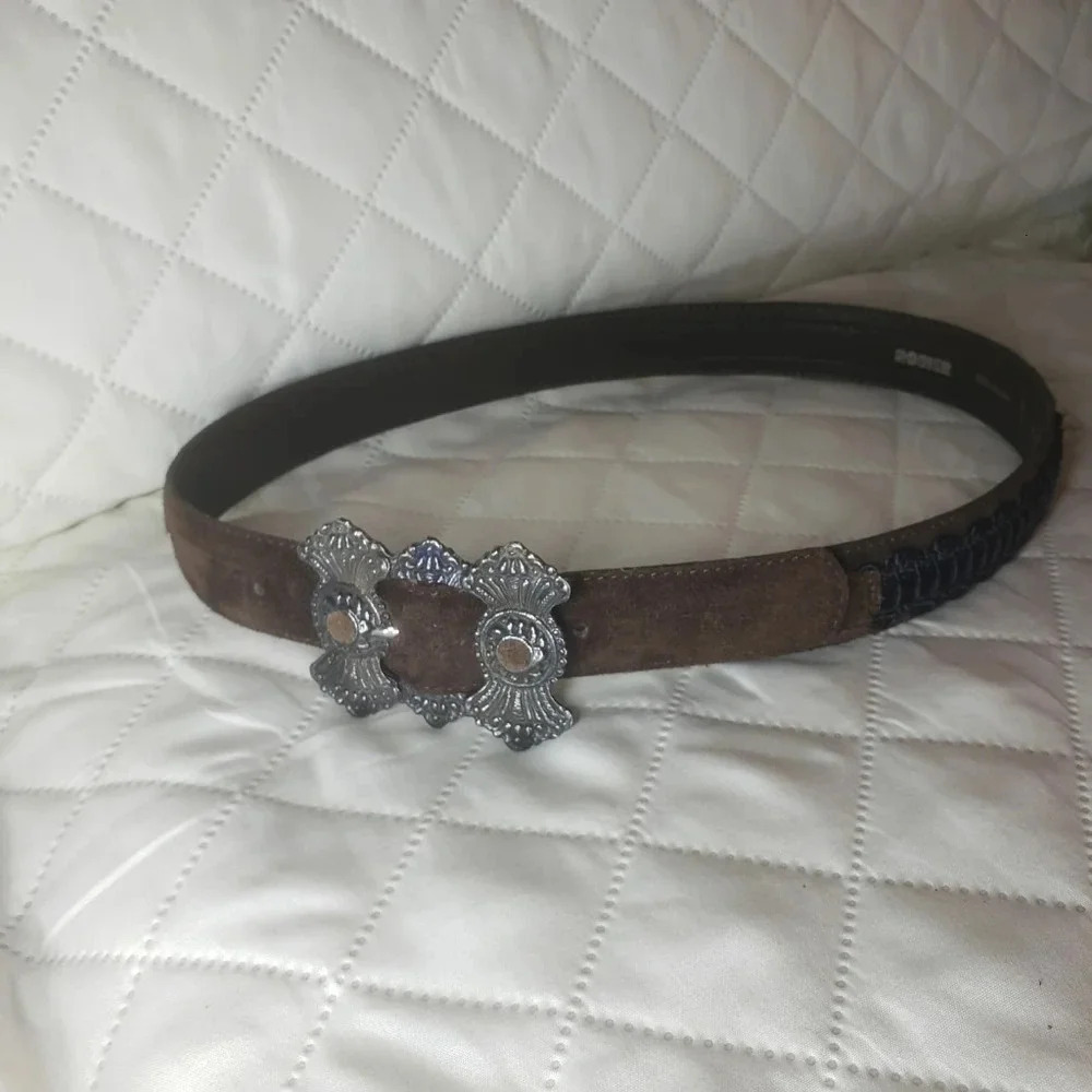 Vtg,Rodier Brown Suede/Leather Womans Belt with  large Metal Buckle Size 34 1/2.